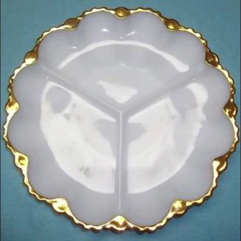 Vintage Antique Divided Serving Dish Holiday Depression Milk Glass White Gold